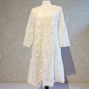 HALLHUBER White Lace Tiered sz XL Midi Dress Cotton Blend 3/4 Sleeve‎